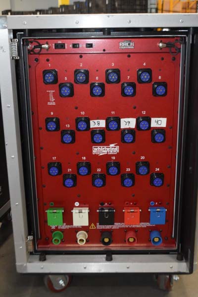 A red electrical panel with blue connectors labeled 1 to 24 and colored sockets at the bottom.