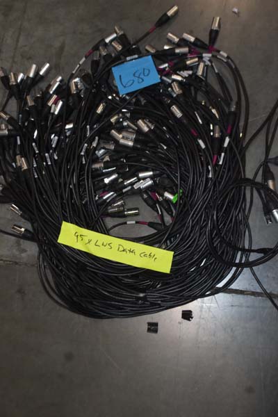 Bundle of black cables with metal connectors labeled "680" and "95' LUS Data cable".