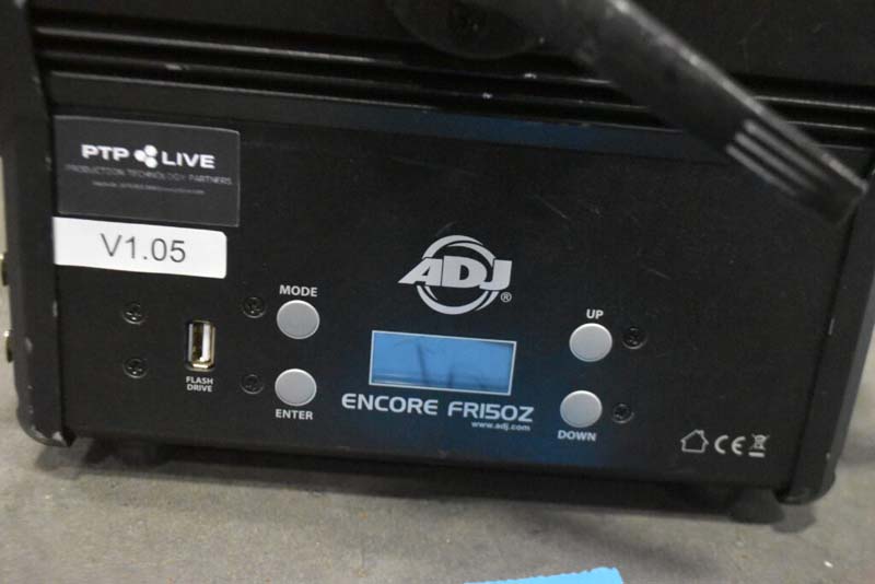 Close-up of the control panel of an ADJ Encore FR150Z lighting fixture.